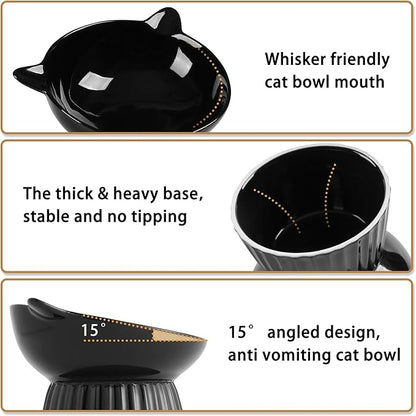 Wellbro Ceramic Raised Cat Bowl，Tilted Raised Bowl Anti Vomit for Indoor Cats Whisker Friendly Pet Feeder for Cats Puppies, Microwave and Dishwasher Safe (Black)
