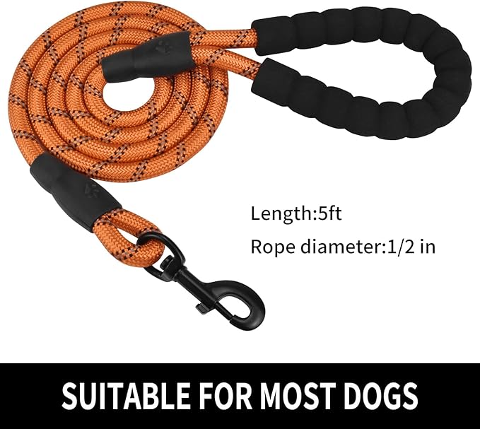 Panykoo 5/6 FT Strong Pet Dog Leash with Soft Padded Handle,Highly Reflective Rope for Night Walking,360-Degree Rotating Metal Buckle Without Tangles,Suitable for Small,Medium and Large Dogs.(5ft)