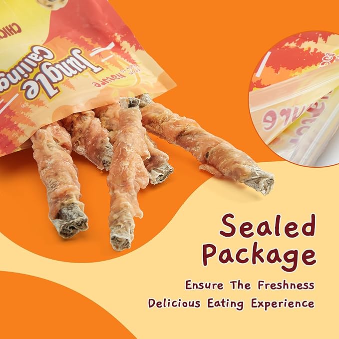 Jungle Calling Dog Treats, High Protein Dog Chewy Treats Health Teeth and Coat, Chicken Wrapped Cod Skin Sticks, Rawhide-Free Cod Fish Skin Snacks for Dogs, 10.6 oz