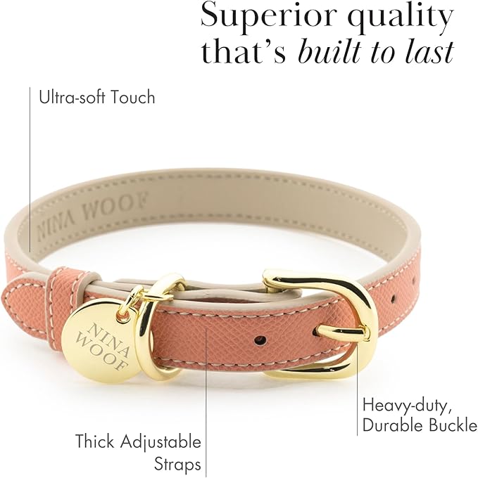 NINA WOOF Rio Vegan Leather Dog Collar - Padded Luxury Dog Collar with Adjustable Buckle - Collar for Dogs, Dog Collar for Small Dogs to Dog Collar for Large Dogs - Color Peach (Extra Small)