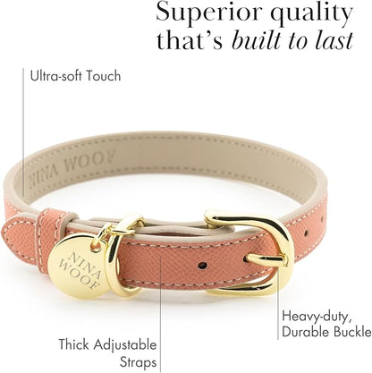 NINA WOOF Rio Vegan Leather Dog Collar - Padded Luxury Dog Collar with Adjustable Buckle - Collar for Dogs, Dog Collar for Small Dogs to Dog Collar for Large Dogs - Color Peach (Extra Small)