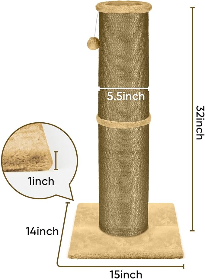 PAWSCRAT Cat Scratching Post 32 Inch High, 5.5 Inch Large Diameter Natural Sisal Cat Scratch Post, Scratch-Resistant and Durable Tall Cat Scratcher for Indoor Cats, Protect Your Furniture, Yellow