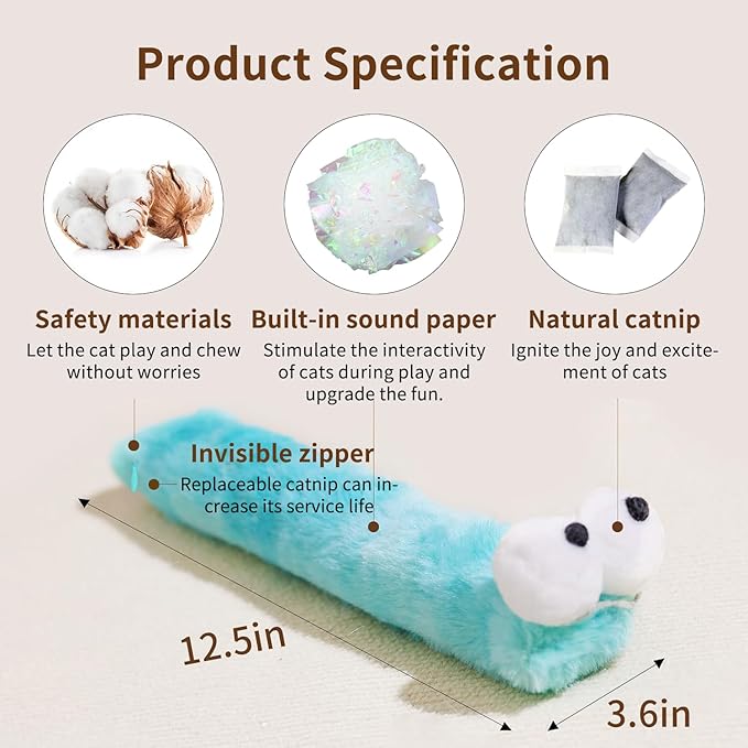 2BB Cat Kicker Toy with Catnip for Indoor Cats –3 Pack Soft Plush Kick Stick Toy for Kicking, Biting & Wrestling – 12.5in Interactive Catnip Toys to Reduce Boredom & Promote Exercise