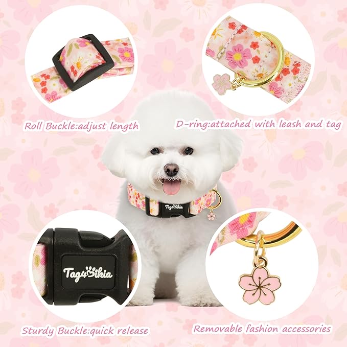 Dog Collar with Cherry Blossom Patterns, Spring Summer Collection Pink Dog Collar with Exquisite Pendant, Durable Adjustable Collars for Gifts & Daily Use-M