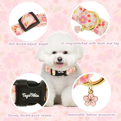 Dog Collar with Cherry Blossom Patterns, Spring Summer Collection Pink Dog Collar with Exquisite Pendant, Durable Adjustable Collars for Gifts & Daily Use-XS