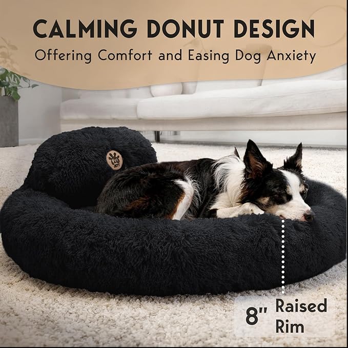 PetJett Calming Dog Beds Large Sized Dog - 36'' Round Bed, Anti-Slip & Washable Super Soft Donut Bed, Fluffy Faux Fur Anti-Anxiety Premium Comfort Pet Bed, Fits Dogs up to 80 lbs - Black