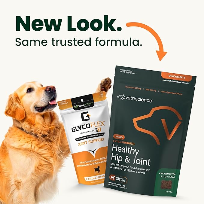 VetriScience Extra Strength Healthy Hip & Joint Chews, GlycoFlex Glucosamine and Green-Lipped Mussel Joint Support Supplement for Dogs, Promote Mobility & Soothe Joint Discomfort, Chicken, 60 Count