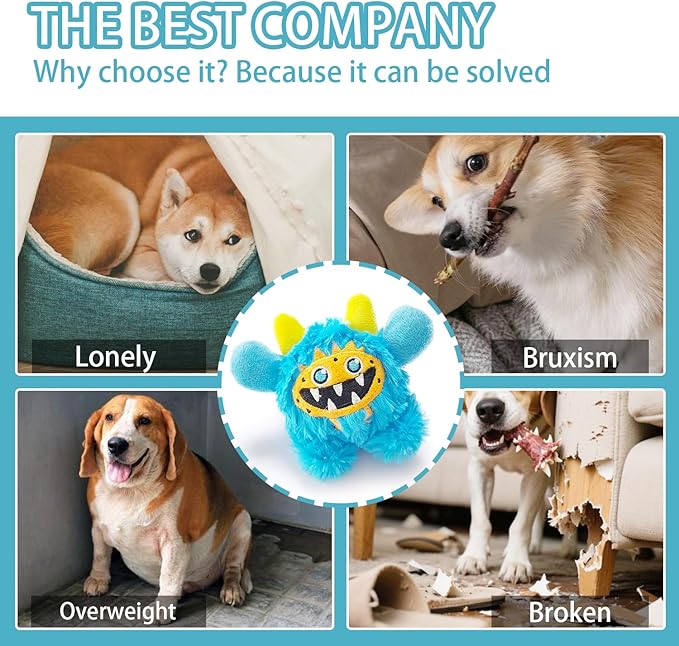 FCCUM Plush Squeaky Dog Toy Ball, Chew Guard, Soft and Comfortable, Training and Companionship, Little Monster Puppy Toys Suitable for All Breeds, (Blue, Small)