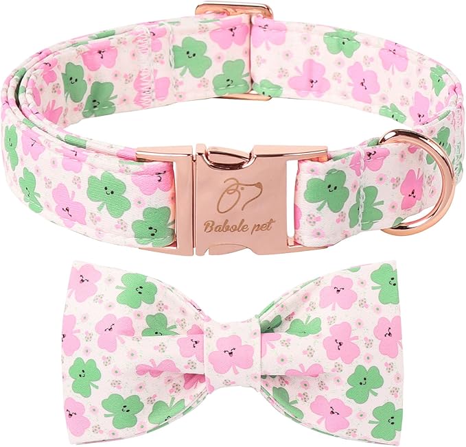 St Patricks Day Dog Collar with Bow Tie - Cotton Pink Green Clover Bowtie Dog Collar Adjustable Heavy Duty Holiday Dog Collars for Small Medium Large Dogs L