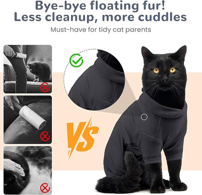 Yternal Sticky Hair Cat Clothes, Breathable & Lightweight, Reduces Shedding Fur Pajamas, Full Body Long Sleeve Surgical Bodysuit, Stop Licking & Shedding Darkgrey M