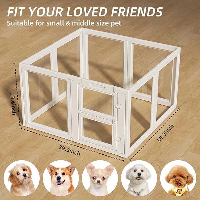 LoveTail Clear Acrylic Dog Playpen Indoor,Transparent Dog Pen,Easy to Assemble and Clear pet Pen for Puppy Dog, Rabbit and cat,Sturdy and Easy to Clean Plastic pet Fence (White, 23.6" H, 8PCS)