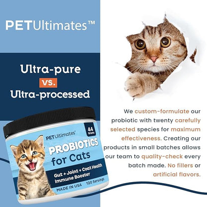 Pet Ultimates Probiotics for Cats – 3 Pack of 20-Species Cat Probiotic Powder to Treat Diarrhea, Vomiting, Digestive Support & Antibiotics Recovery – Cat's Health Supplies (44 gr)