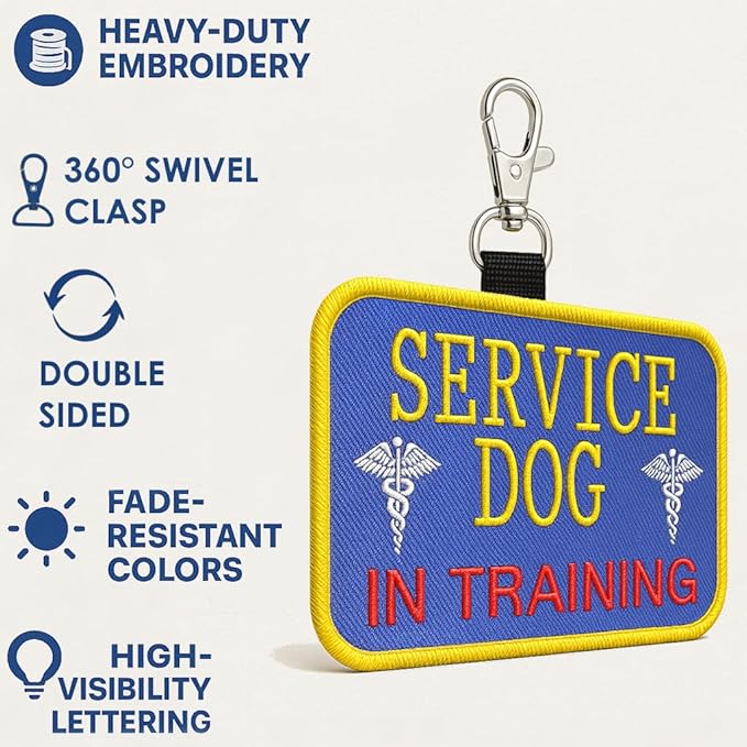 WORKINGSERVICEDOG.COM Service Dog in Training Clip-On ID Patch Tag - Includes 5 Federal Law Handout Cards - Clips to Vest, Harness, Collar, Leash, or Carrier