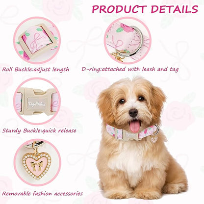 Dog Collars for Small Dogs, Adjustable Pink Dog Collars with Rose Pattern, Cute Dog Collar for Dogs Spring Summer Collars for Girl Boy Dog-S