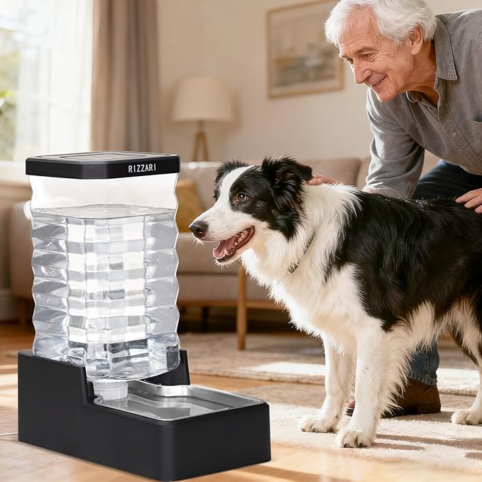 RIZZARI Stainless Steel Pet Waterer: 9L Black Gravity Fed Water Dispenser Leak-Proof for Senior Dogs Joint Care Home Owners - Bedroom Garden Use