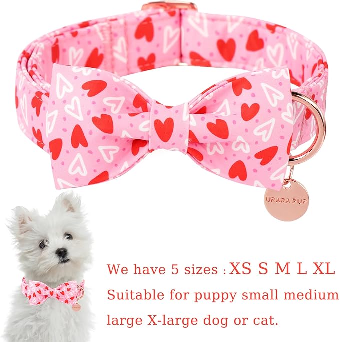Valentine’s Day Dog Collar with Bow Tie, Red Heart Bowtie Collar with Metal Buckle, Valentine’s Day Gift Pet Collar for Puppy Girl Boy Dog or Cat, Wedding Dog Collar, L, Neck 16-24in