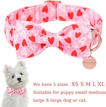 Valentine’s Day Dog Collar with Bow Tie, Red Heart Bowtie Collar with Metal Buckle, Valentine’s Day Gift Pet Collar for Puppy Girl Boy Dog or Cat, Wedding Dog Collar,XL, Neck 16-26in