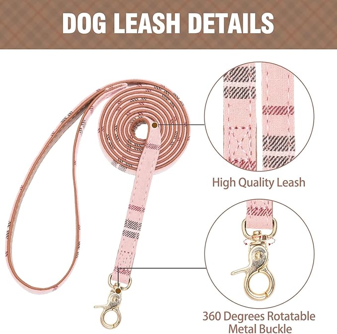 KOOLTAIL Pink Girl Dog Collar and Leash Set for Small Dogs with Bowtie and Bells - Cute Puppy Bandana Collar and Leash with Classic Plaid Pattern, Soft Leather Tangle Free Leashes for Small Dogs, XS