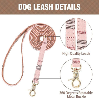 KOOLTAIL Pink Girl Dog Collar and Leash Set for Small Dogs with Bowtie and Bells - Cute Puppy Bandana Collar and Leash with Classic Plaid Pattern, Soft Leather Tangle Free Leashes for Small Dogs, XS