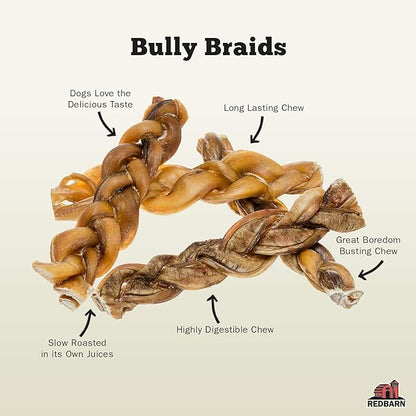 Redbarn 7" Premium Braided Bully Sticks for Dogs - Natural Single Ingredient Braid Treats, Long-Lasting Chews Made from Slow Roasted Beef, Rawhide-Free and Low Odor – 3 Count