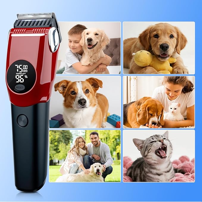 Mcbazel Dog Clippers Grooming Kit, Low Noise Rechargeable Cordless Adjustable Pet Hair Shaver Trimmers Set for Dogs, Cats and Other Pets - Red
