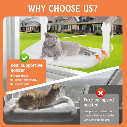 2 Pack Cat Window Perch,Cat Window Hammock Cordless Foldable Window Bed with 4 Large Strong Suction Cup,Reversible Cushion Cover,Metal Frame Easy to Adjust Window Seat Holds up to 40lbs(White，M