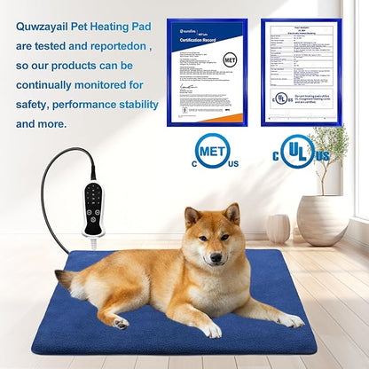 Quwzayail Extra Large Dog Heating Pad, Whelping Supplies Heated Dog Bed, 9 Gears and time Settings with Automatic Shut-Off,Chew Resistant Steel Cord (47.0" L x 30.0" W x 0.5" Th, Blue Pattern)