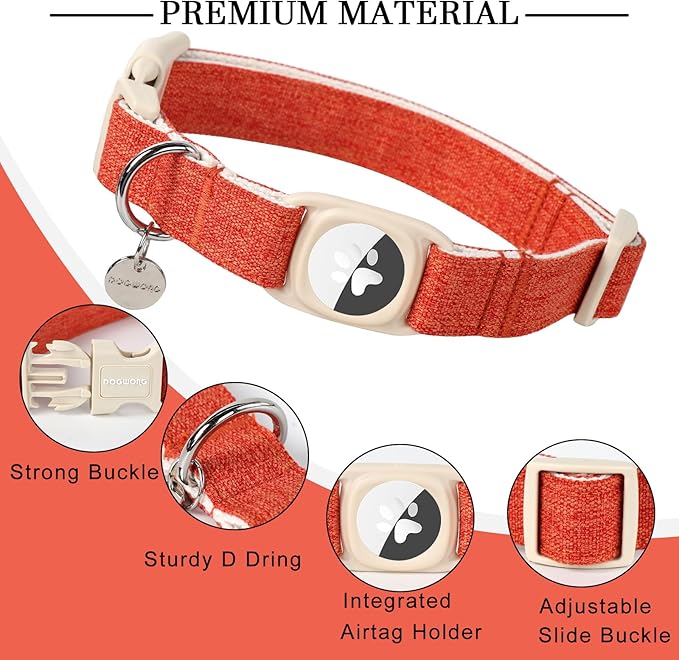 DOGWONG Airtag Cotton Hemp Dog Collar, Heavy-Duty Dog Collar with Airtag Holder Fall Orange Natural Fabric Pet Dog Collars Cute Puppy Necklace for Small Medium Large Dogs