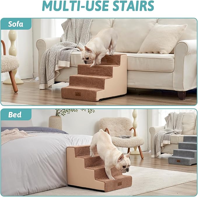 COZY KISS Dog Stairs for Small Dogs, 17.7" Extra Wide Right-Angle Pet Stairs for Couch and Beds, Anti-Slip Dog Steps for Old Cats and Lowrider, 17.7x23.6x17.7 inch,Light Brown