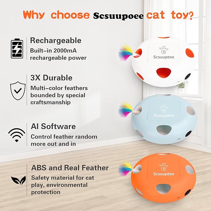 Scsuupoee Interactive Cat Toy, Electric Cat Toys for Moving Concealed Feathers, Smart Sensor 7 Holes Whack a Mole Feather Toy, USB Charge Automatic Kitten Toys,Orange