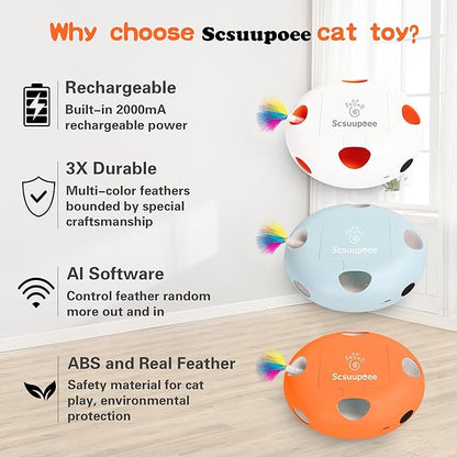 Scsuupoee Interactive Cat Toy, Electric Cat Toys for Moving Concealed Feathers, Smart Sensor 7 Holes Whack a Mole Feather Toy, USB Charge Automatic Kitten Toys,Orange