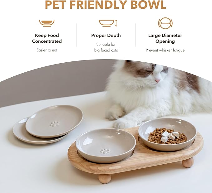 Havniva Raised Ceramic Wide Whisker Friendly Cat Dishes, Food& Water Bowl with 2 Style Stand Adjustable Pet Bowl Set, Anti Whisker Fatigue(2Dish+2Shallow Dish+Stand