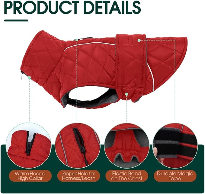 Kuoser Dog Winter Coat Waterproof Dog Snow Jacket, Warm Fleece Lined Pet Turtleneck Snowsuit Puppy Cold Weather Coats with Harness Hole, Adjustable Winter Vest for Medium Large Dogs, Red, L