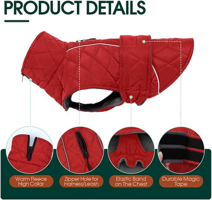 Kuoser Dog Winter Coat Waterproof Dog Snow Jacket, Warm Fleece Lined Pet Turtleneck Snowsuit Puppy Cold Weather Coats with Harness Hole, Adjustable Winter Vest for Medium Large Dogs, Red, L