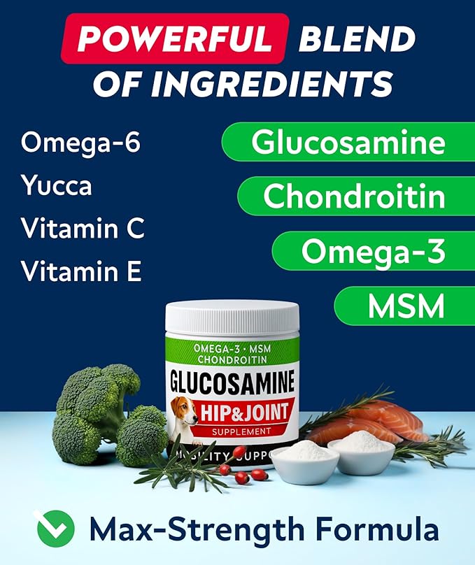 Glucosamine Treats for Dogs - Joint Supplement w/ Omega-3 Fish Oil - Chondroitin, MSM - Advanced Mobility Chews - Joint Pain Relief - Hip & Joint Care - Peanut Butter Flavor - 180 Ct - Made in USA
