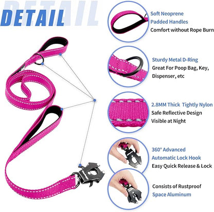 Strong Heavy Duty Dog Leash - 5ft Reflective Nylon Training Leash with Soft Padded Double Handle & Auto Lock Frog Clip - Safety Traffic Control for Large Medium Small Dogs No Pull Walk Hot Pink,5ft