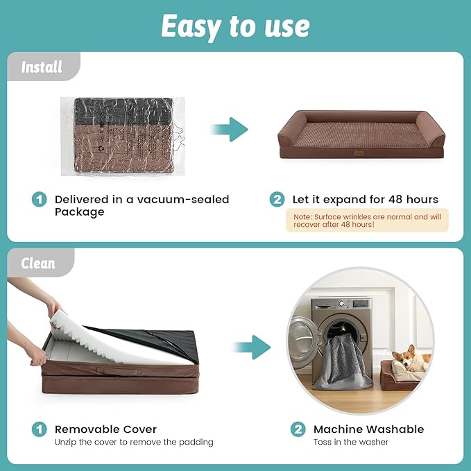 COZY KISS Dog Beds for Extra Large Dog, XXL Bolster Pet Couch with Waterproof Lining, Egg Crate Foam Sofa for Pets Up to 150 lbs, U-Shaped, 48x35x8 inch, Brown
