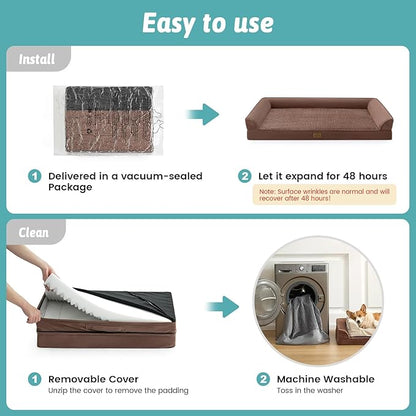COZY KISS Dog Beds for Extra Large Dog, XXL Bolster Pet Couch with Waterproof Lining, Egg Crate Foam Sofa for Pets Up to 150 lbs, U-Shaped, 48x35x8 inch, Brown