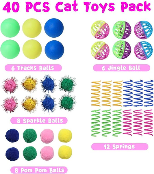 Flashine Cat Toys for Indoor Cats 40 PCS Kitten Toys Cat Interactive Toys Pack Including Cats Springs Sparkle Ball Pom Pom Ball Jingle Balls Tracks Balls
