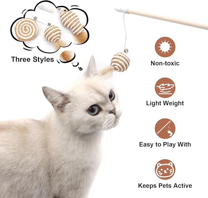 Goosheep 15.8inch 3Pack Interactive Cat Wand Toy for Indoor Cats Teases for Bored Indoor Adult Cats to Chase and Exercise Solid Wood Bell Ball