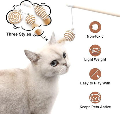 Goosheep 15.8inch 3Pack Interactive Cat Wand Toy for Indoor Cats Teases for Bored Indoor Adult Cats to Chase and Exercise Solid Wood Bell Ball