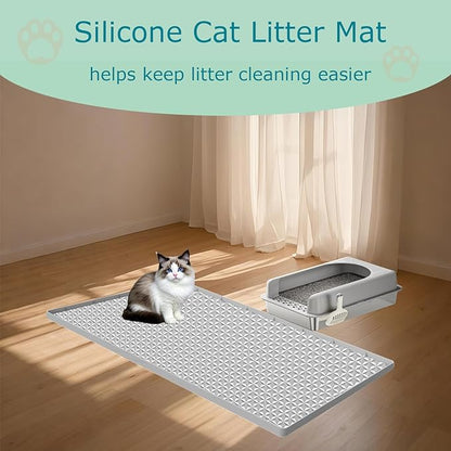 Jacooxi Cat Litter Mat for Litter Box, Silicone Large Cat Litter Trapping Mat - 51.2x25.6 in, Waterproof & Non-Slip, Durable & Easy Clean, Light Gray
