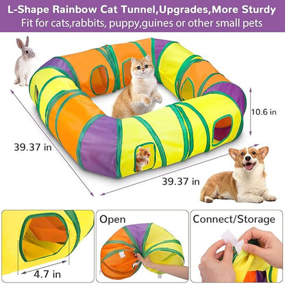 Retro Shaw 25Pcs Cat Toys with Kitten Tunnels, Interactive Kitty Toys for Indoor Cats, Large Cat Tube Tent Feather Wand Teaser Balls Bell Fuzzy Springs Mouse Crincly - Extra Longer Cats Tunnel Set