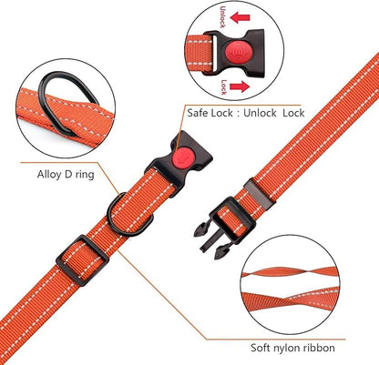 Reflective Dog Collar and Leash Set with Safety Locking Buckle Nylon Pet Collars Adjustable for Small Medium Large Dogs 3 Sizes(Orange&S)