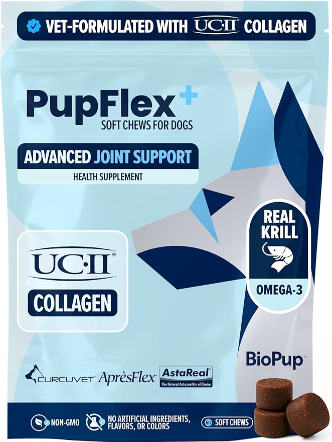PupFlex+ Hip and Joint Supplement Dogs, Vet Created Soft Chews w/UC-II® Collagen, CurcuVET® & Omega 3 - UC-II Collagen More Effective Than Glucosamine Chondroitin, Dog Joint Supplement (60 ct)