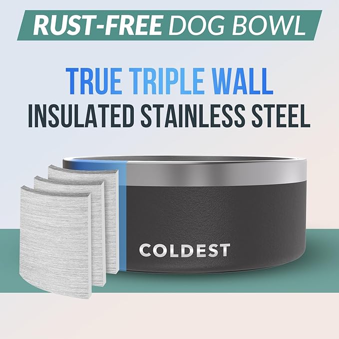 Coldest Dog Bowl - Anti Rust Metal, Non Slip, 3 Layers Insulated Stainless Steel Dog Bowls - Spill Proof & Heavy Duty - Water Bowl for Dogs, Cats & Pets, Dish Washer Safe (100 oz, Stealth Black)
