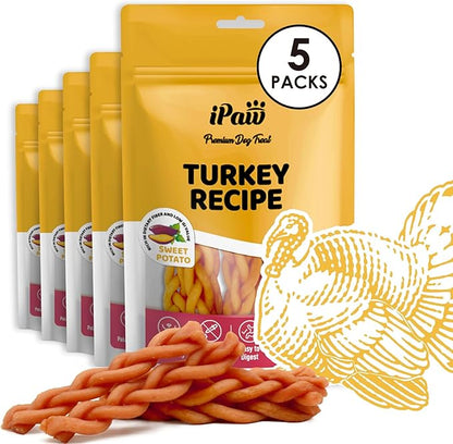 iPaw Turkey Dog Treats, All Natural Human Grade Dog Treat, Suitable for Training chew, US Sourced Raw Material, Hypoallergenic, Rawhide Alternative,Braided Stick (Sweet Potato), 5 Packs