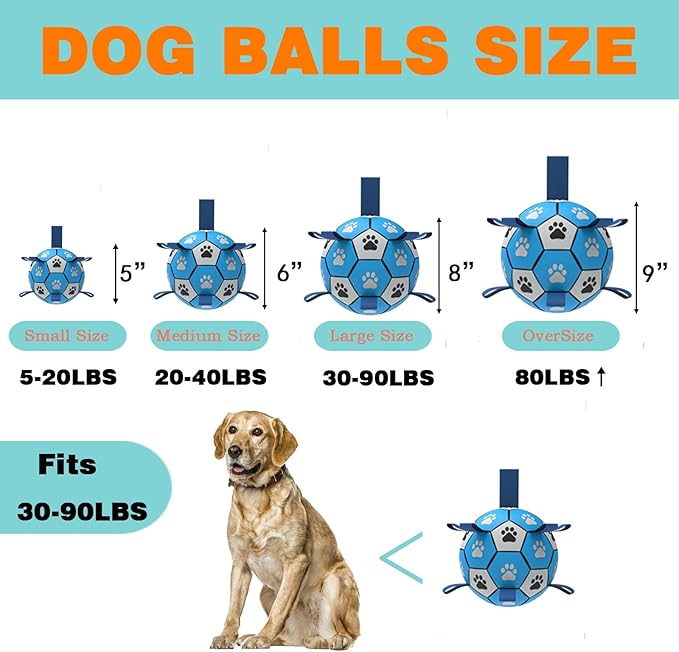 Domchan Dog Soccer Ball, Interactive Toys for Tug of War, Puppy Birthday Gifts, Tug Toy, Water Toy, Durable Balls for Small & Medium Size(8 inch-Blue)