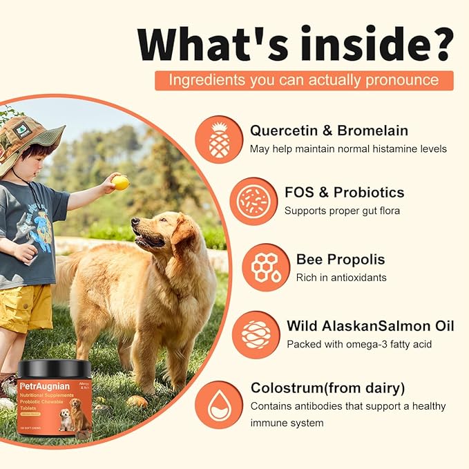 Dog Allergy Chews | Daily Support for Itchy Skin, Immune Health & Seasonal Allergies from Probiotics Omega 3 Quercetin Colostrum,Paw Licking, Pet Itchy Ear Relief Supplement - 100ct