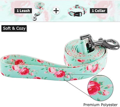 Ihoming Dog Collar and Leash Set for Daily Outdoor Walking Running Training, Floral Spring Design for Large Boys Girls Dogs Cats Pets, L-Up to 80LBS